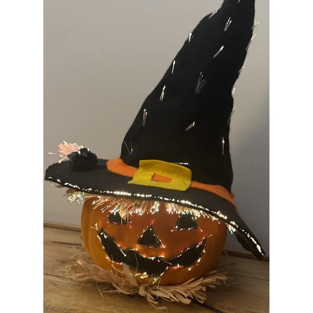 Vtg Halloween Jack-O-Lantern Pumpkin Fiber Optic Witch Hat Color Changing 15.5